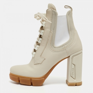 Prada Cream Neoprene and Leather Lace Up Combat Boots Size 38