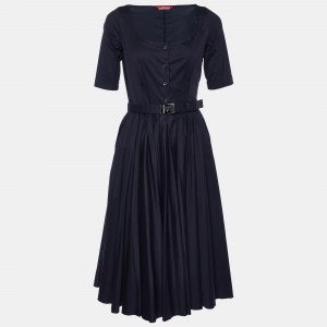 Prada Sport Navy Blue Stretch Poplin Gathered Midi Dress S
