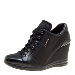Prada Sport Black Canvas and Leather Wedge Sneakers Size 39.5