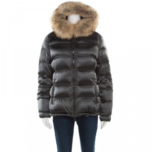 Prada Sport Grey Quilted Fox Fur Hooded Zip Front Down Jacket S