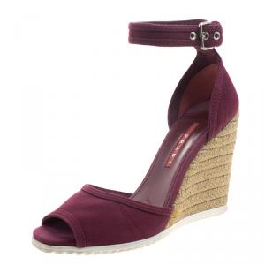 Prada Sport Bordeaux Denim Ankle Strap Espadrille Wedge Sandals Size 37