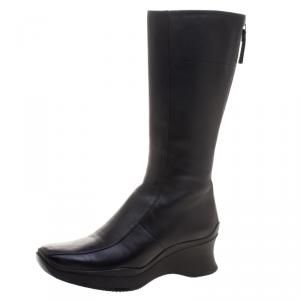 Pre Owned Prada Sport Black Leather Square Toe Mid Calf Boots Size 35