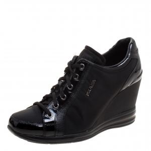 Pre Owned Prada Sport Black Nylon and Leather Wedge Lace Up Sneakers Size 38.5