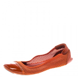 Pre Owned Prada Sport Orange Mesh Patent Leather Cap Toe Ballet Flats Size 36