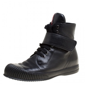 Pre Owned Prada Sport Black Leather Lace Up High Top Sneakers Size 39 