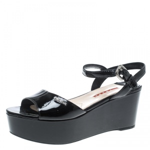 Pre Owned Prada Sport Black Patent Leather Ankle Strap Platform Sandals Size 36.5