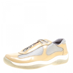 Pre Owned Prada Grey/Beige Mesh and Patent Leather Carrie Lace Up Sneakers Size 36