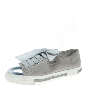 Pre Owned Prada Sport Grey/Metallic Silver Suede and Leather Cap Toe Platform Sneakers Size 37.5