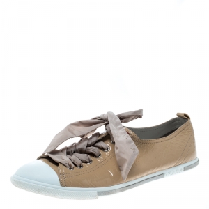 Pre Owned Prada Sport Beige Patent Leather Cap Toe Low Top Sneakers Size 40