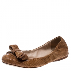 Prada Sport Beige Python Leather Scrunch Bow Ballet Flats Size 36