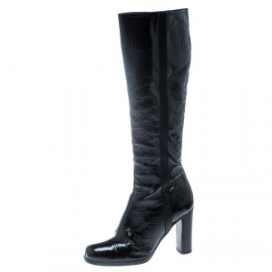 Prada Sport Black Crinkled Patent Leather Block Heel Knee Boots Size 36.5