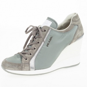 Pre Owned Prada Sport Grey Nylon Suede Trim Wedge Sneakers Size 38