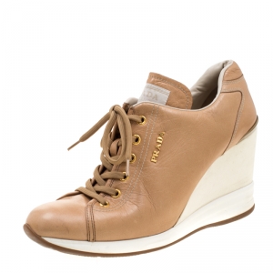 Pre Owned Prada Sport Brown/White Leather Wedge Sneakers Size 38