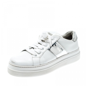  Prada Sport White Metallic Silver/White Leather Lace Up Sneakers Size 37