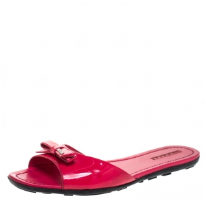 Pre Owned Prada Red Patent Leather Bow Flat Slides Size 41