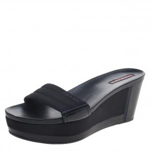 Prada Sport Black Canvas and Leather Wedge Slides Size 39.5