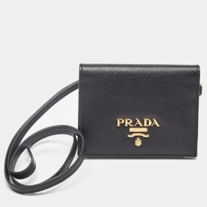 Prada Black Saffiano Leather Card Case Lanyard