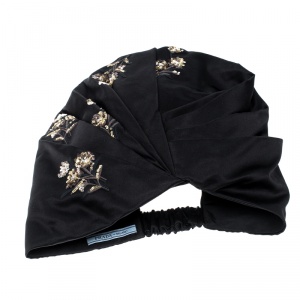 Prada Black Floral Sequin Embroidered Silk Turban