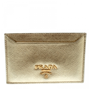 Pre Owned Prada Gold Saffiano Metal Leather Card Holder