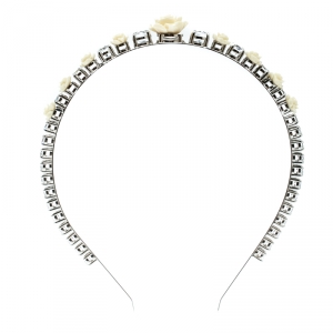 Prada Cream Resin Flower & Crystal Silver Tone Head Band 
