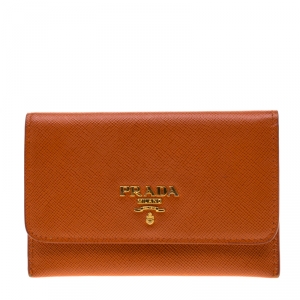 Pre Owned Prada Orange Saffiano Leather Cardholder Wallet