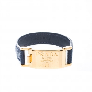 Prada Navy Blue Leather Gold Tone Bracelet