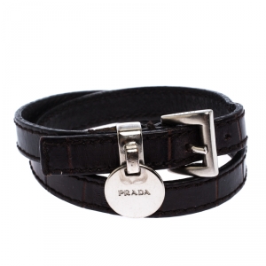 Prada Brown Leather Silver Tone Double Wrap Bracelet
