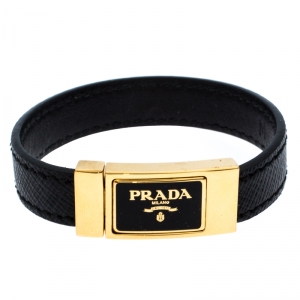 Prada Black Saffiano Leather Signature Logo Cuff Bracelet M