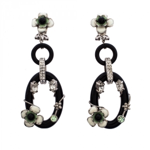 Prada Flower Power Black Plexiglass Crystal Floral Bedecked Link Long Earrings