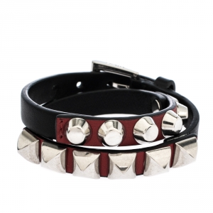 Prada Black Leather Studded Silver Tone Double Wrap Bracelet S