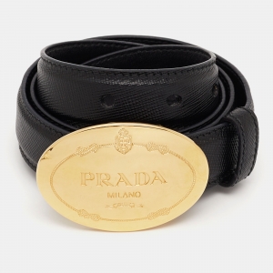 Prada Black Leather Engraved Oval Plaque Buckle Belt 80CM