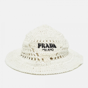 Prada White Raffia Crochet Bucket Hat M