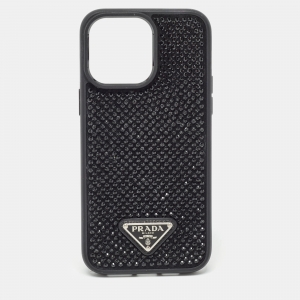 Prada Black Rubber Crystals Embellished iPhone 14 Pro Case