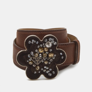 Prada Brown Leather Floral Embellished Metal Belt 85CM