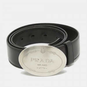 Prada Black Leather Logo Plague Buckle Belt 