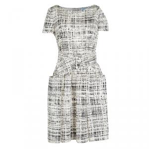 Prada Monochrome Printed Silk Short Sleeve Pocket Detail Belted Dress M