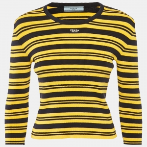 Prada Yellow/Navy Blue Strip Rib Knit Sweater S