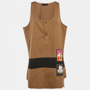 Prada Brown Khaki Cotton Applique Sleeveless Mini Dress M