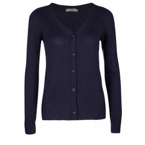 Prada Blue Knit Suede Patch Detail Button Front Long Sleeve Cardigan M