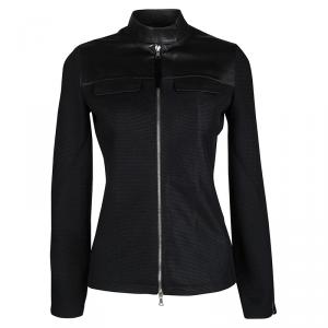 Prada Black Leather Yoke Detail Zip Front Mesh Jacket S