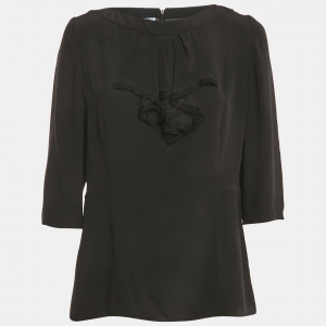 Pre Owned Prada Black Silk Neck Frill Detail Blouse L