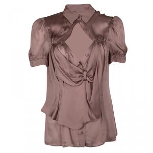 Prada Dull Pink Silk Draped Front Detail Short Sleeve Shirt L