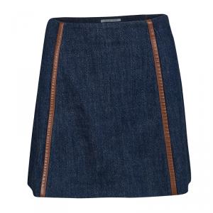 Prada Indigo Dark Wash Denim Leather Trim Detail Mini Skirt M