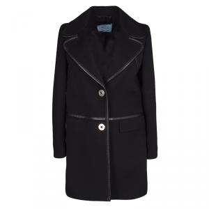 Prada Black Wool Leather Trim Coat S