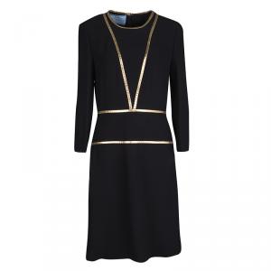 Prada Black Contrast Gold Leather Trim Long Sleeve Dress M