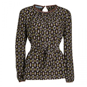 Prada Multicolor Printed Silk Leather Trim Long Sleeve Belted Blouse M 