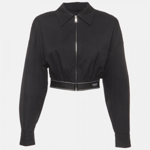 Pre Owned Prada Black Stretch Poplin Logo Band Cropped Jacket M 