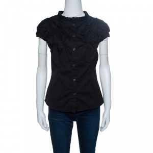 Prada Black Smocked Cotton Cap Sleeve Button Front Top S