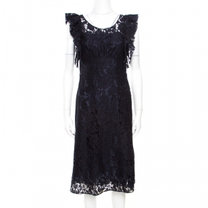 Prada Navy Blue Floral Lace Ruffled Sleeveless Dress S