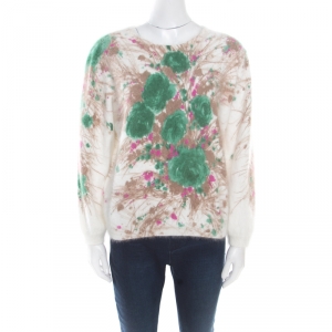 Prada Off White Floral Intarsia Pattern Fuzzy Angora Sweater M